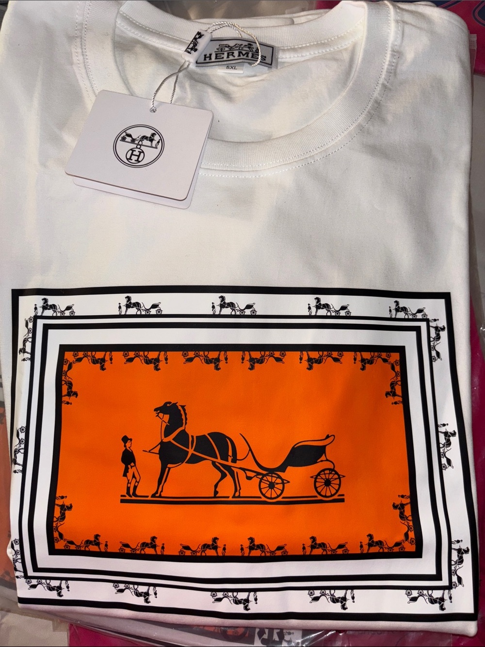 Men’s FASHION White T-Shirt with Orange Horse Carriage Print